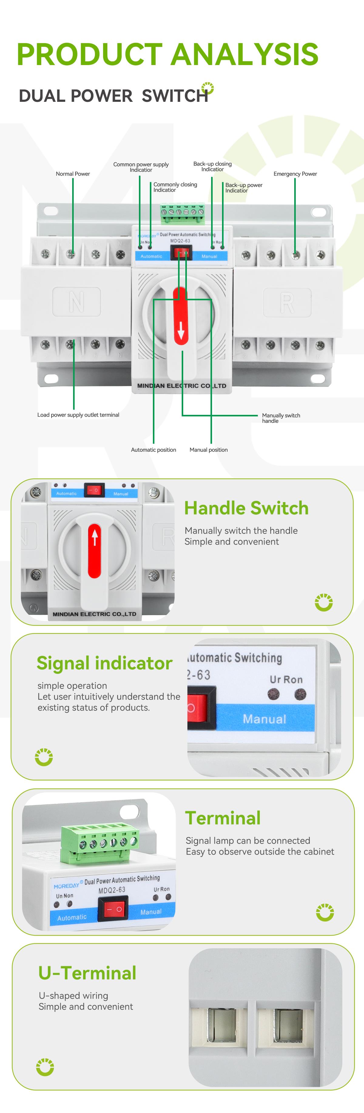 Dual power automatic transfer switch features and manual operation handle