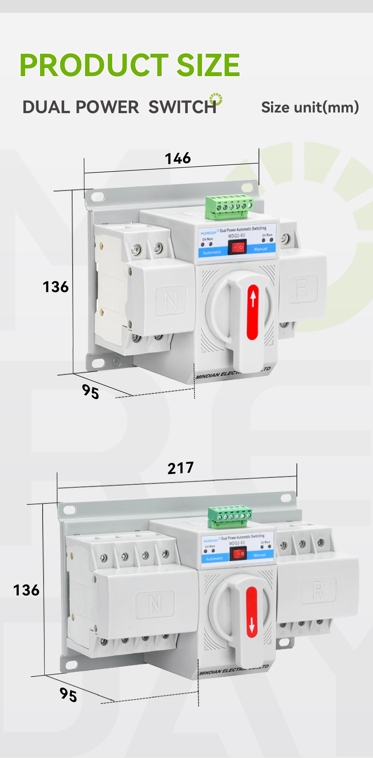 Technical diagram showing dimensions of the automatic transfer switch