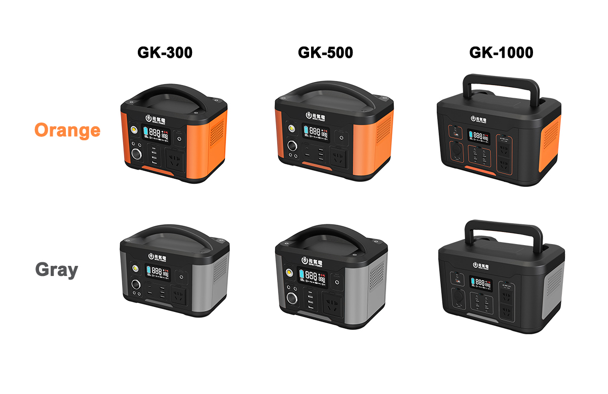 Portable power stations available in orange and gray color options.