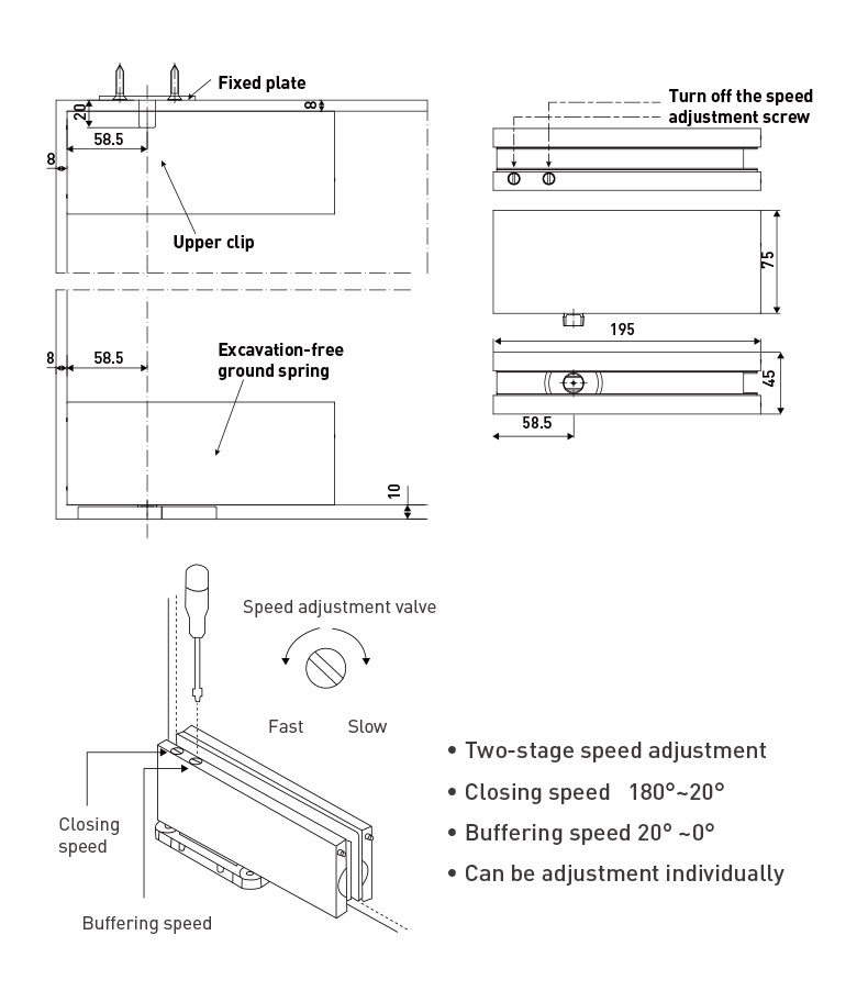 Diagram showing speed adjustment and component dimensions