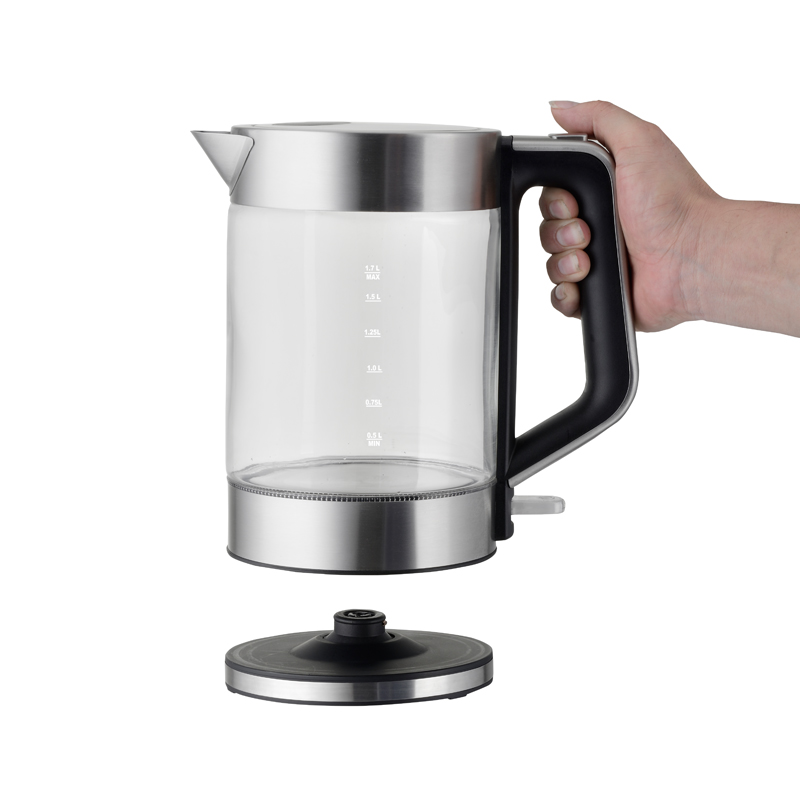 Side profile of glass electric kettle showing capacity markings