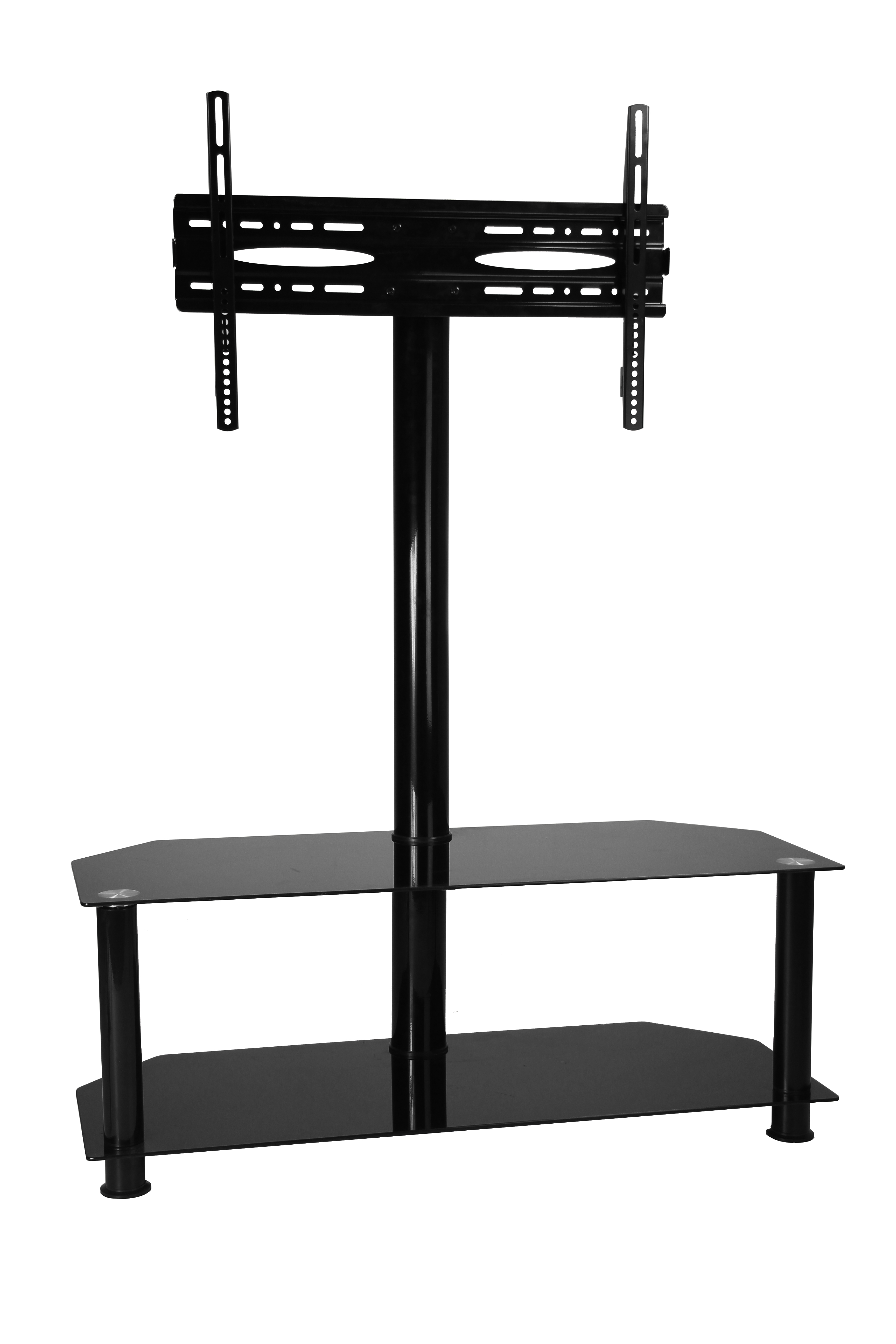 Black glass TV stand with integrated mount and two shelves