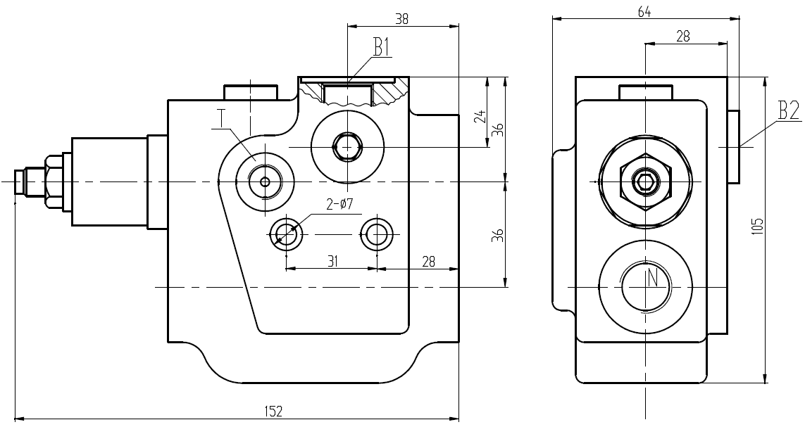 Technical drawing showing dimensions of the accumulator filling valve