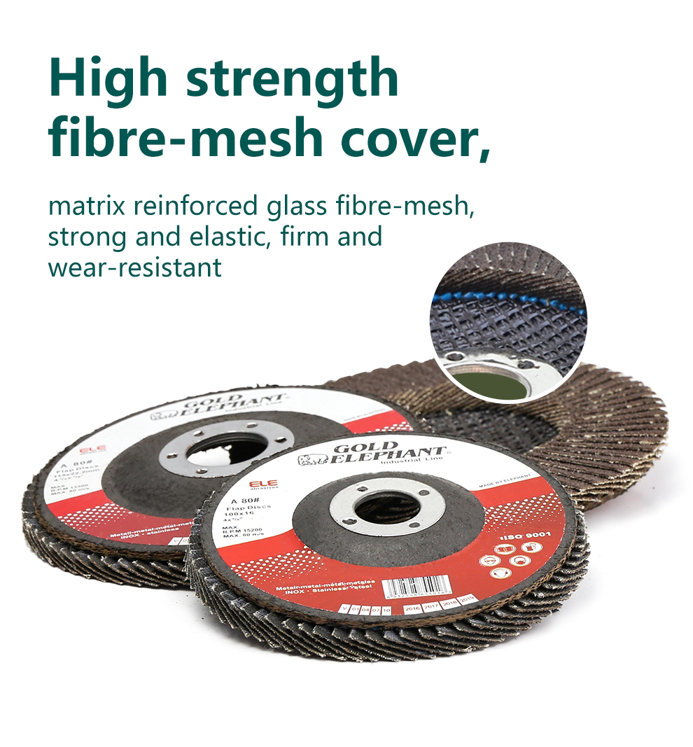 Detailed view of the reinforced fiber-mesh backing on the flap wheel