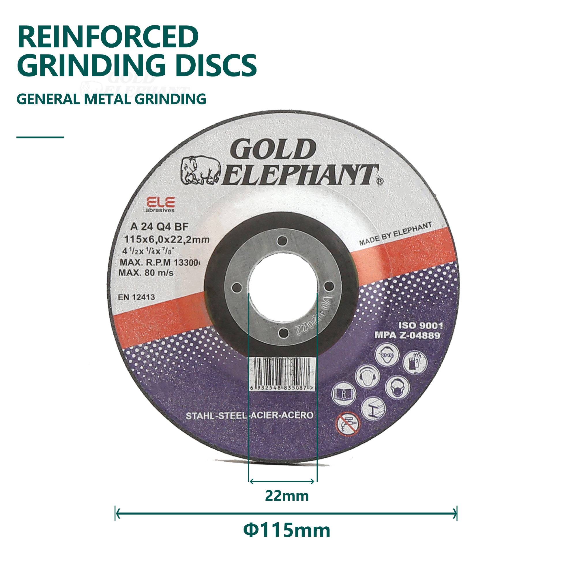 Reinforced grinding disc for general metal grinding