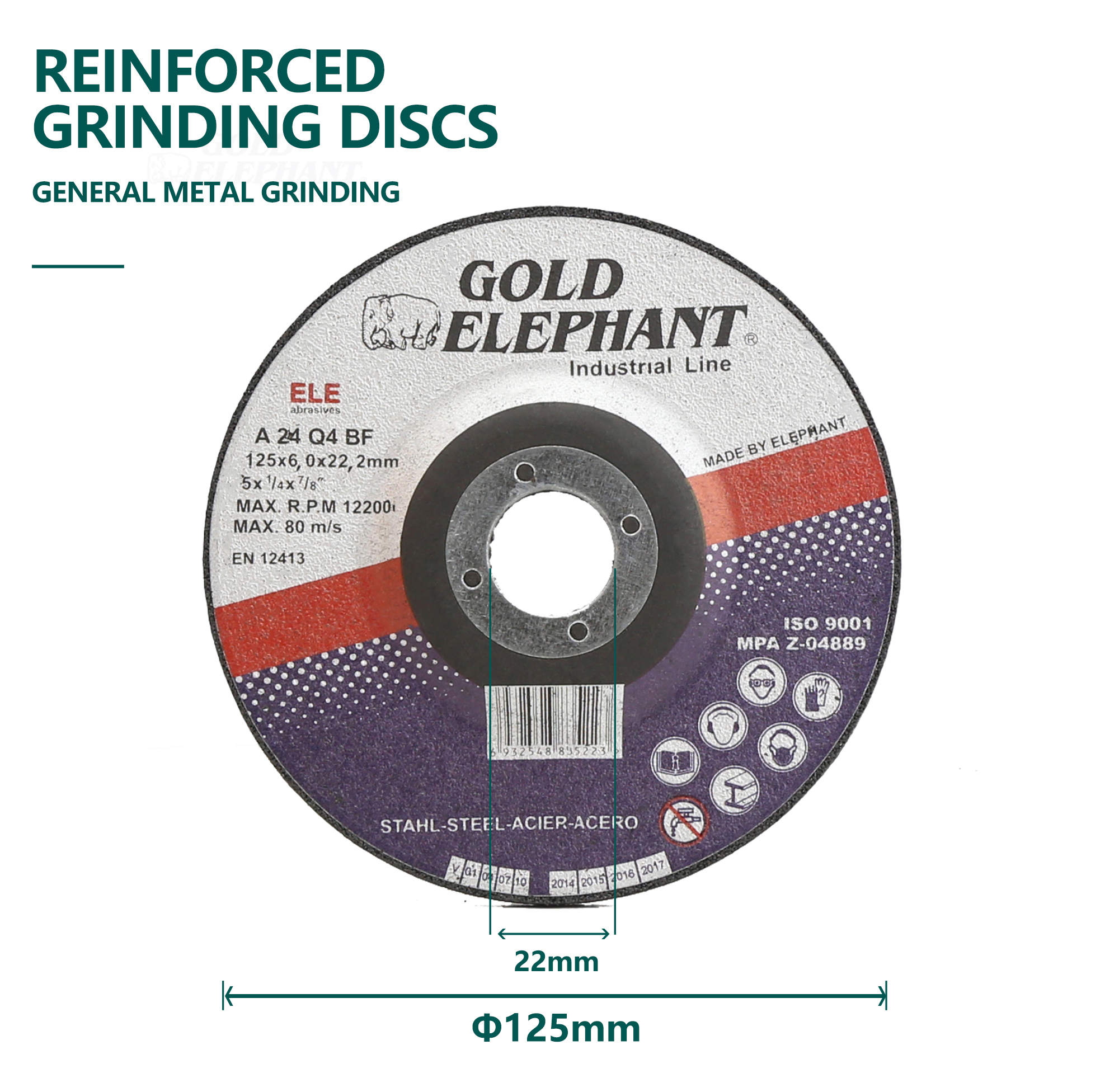 Reinforced grinding disc showing technical specifications and markings
