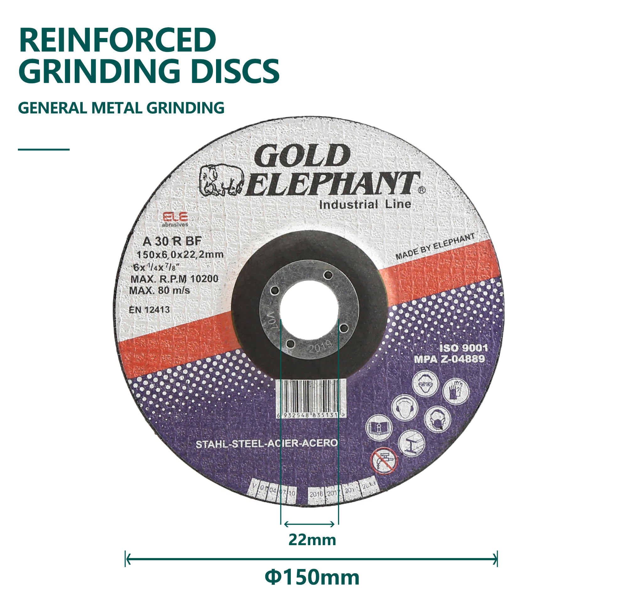 Reinforced grinding disc for general metal grinding