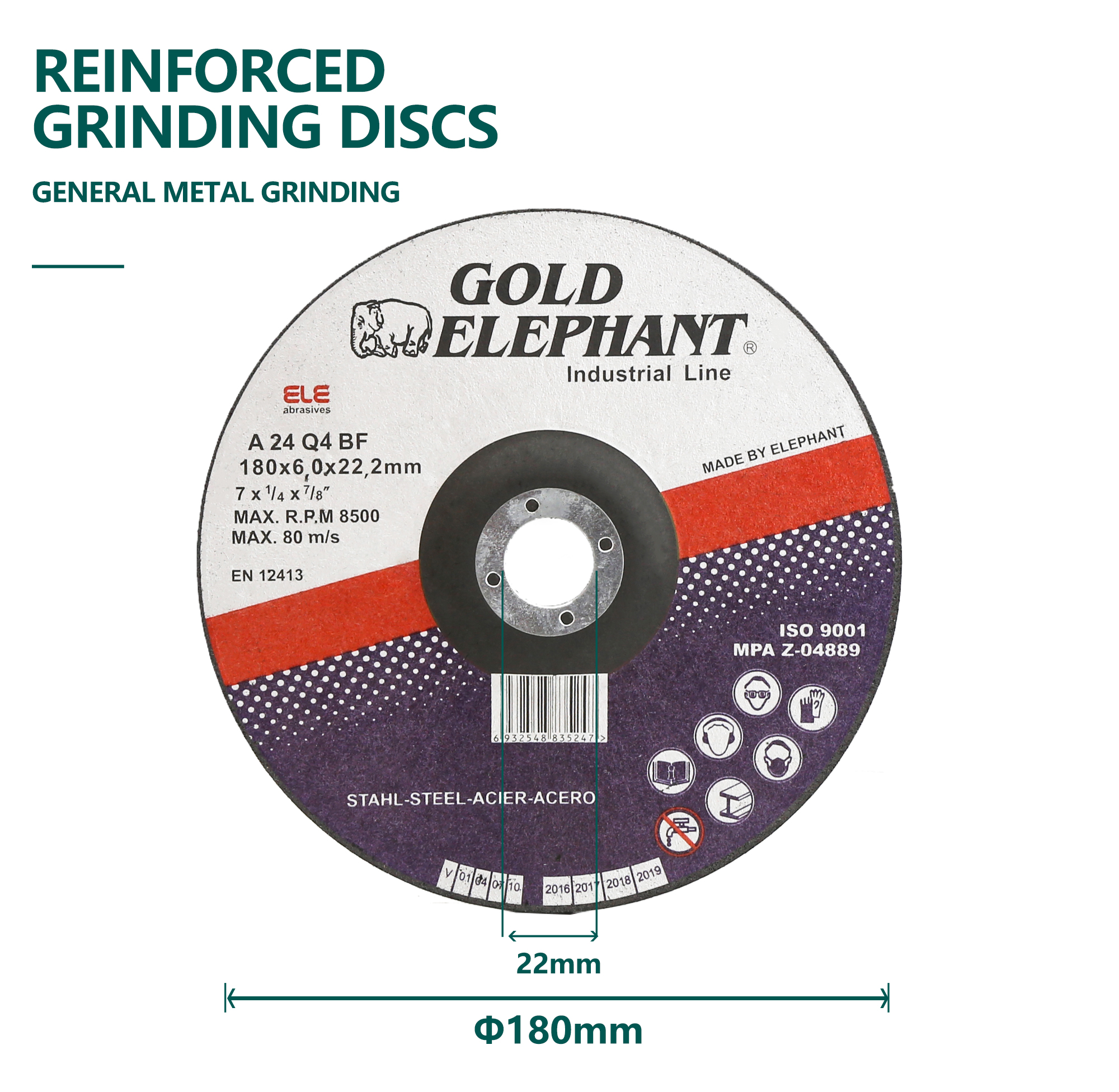 Reinforced grinding disc showing dimensions and safety markings