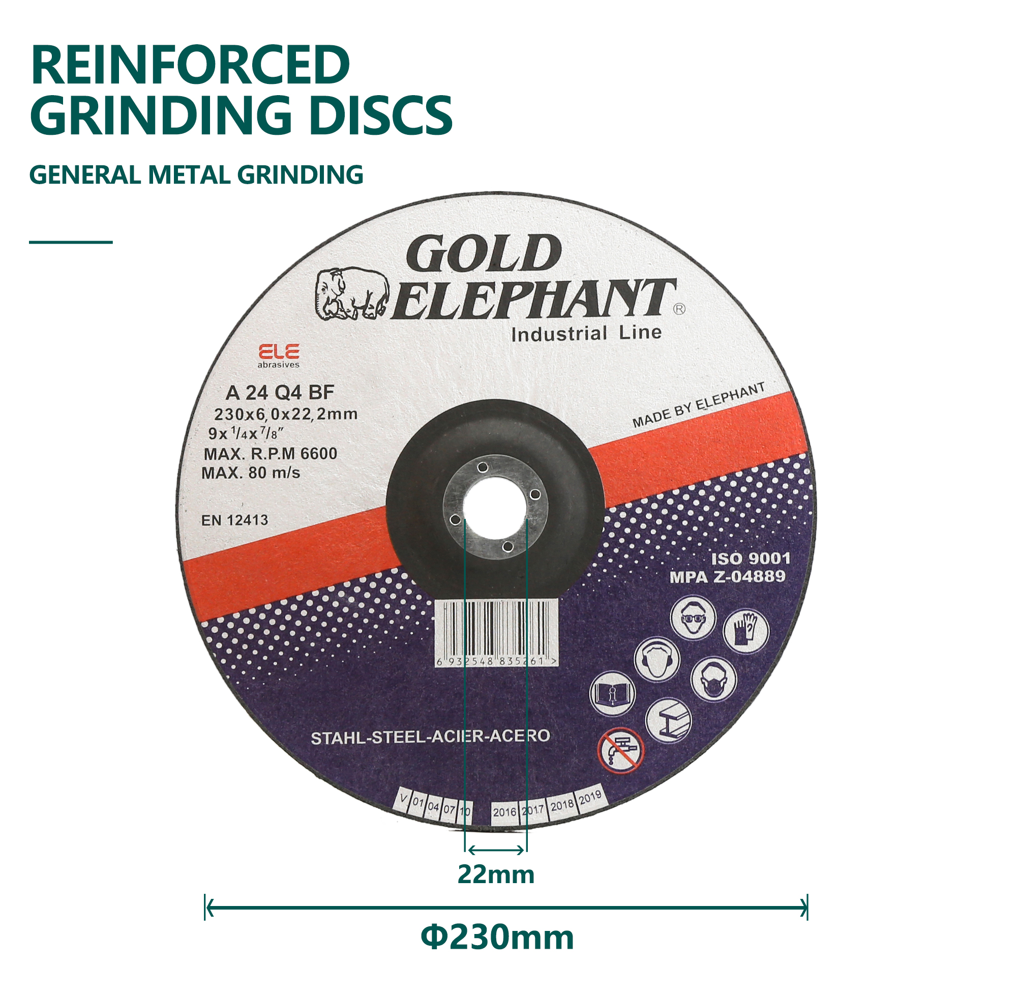 Reinforced grinding disc for general metal grinding applications