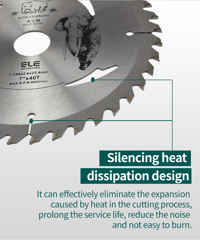 Close up of saw blade showing heat dissipation slots