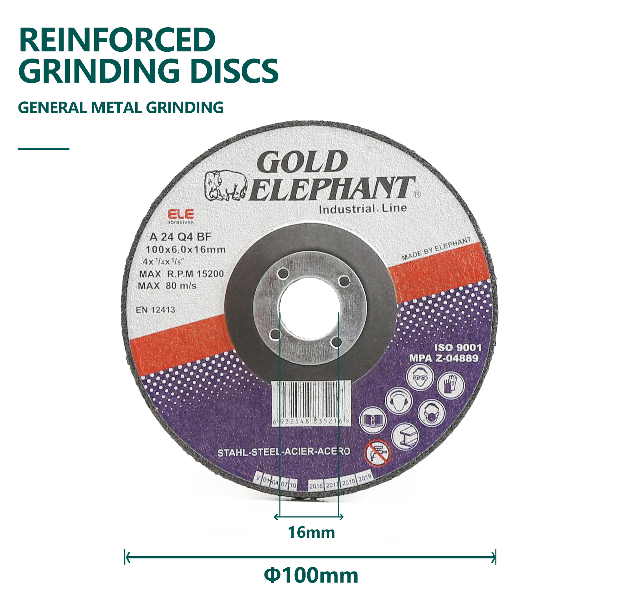 Reinforced grinding disc specifications and safety markings