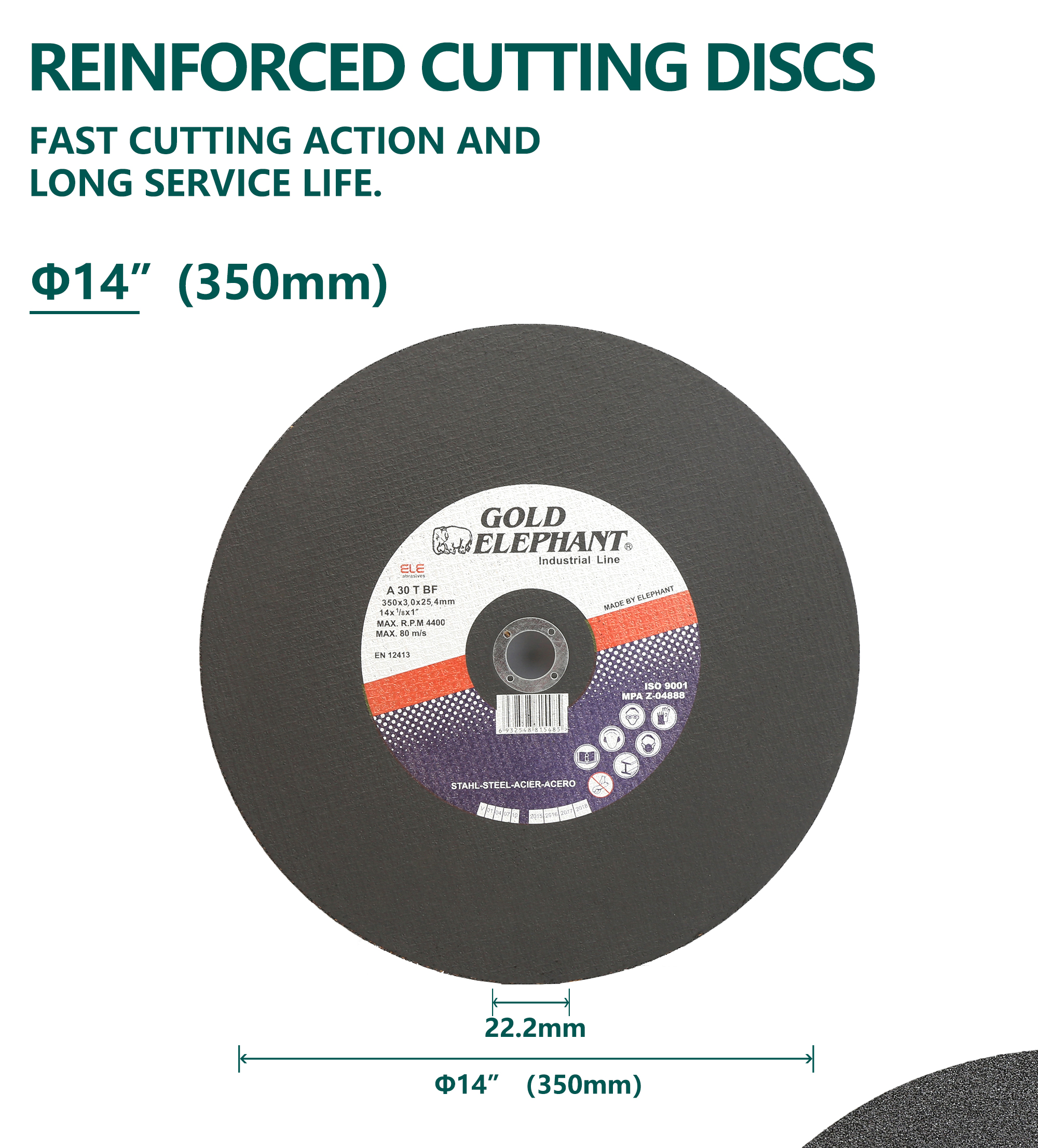 Reinforced abrasive cutting wheel showing technical markings and safety standards.