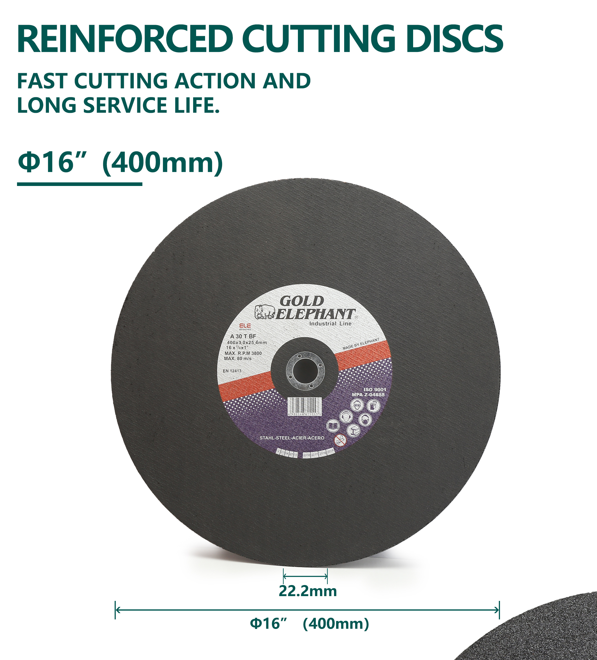 Reinforced 16-inch metal cutting disc with technical specifications visible
