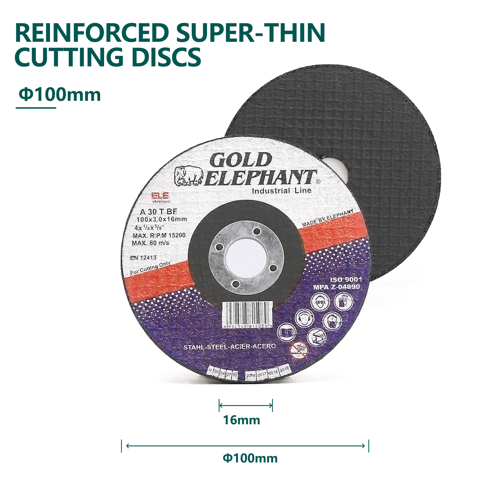 Technical diagram showing 100mm cutting disc dimensions and specifications.