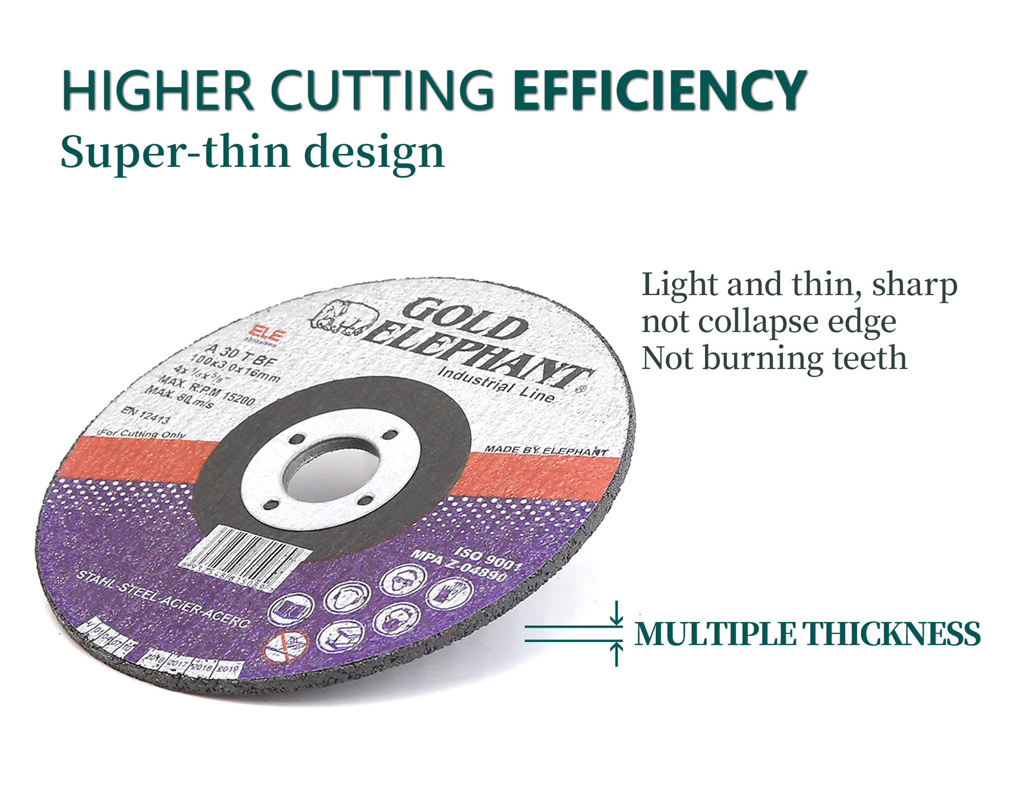 Close up of abrasive cutting wheel showing super-thin design features.