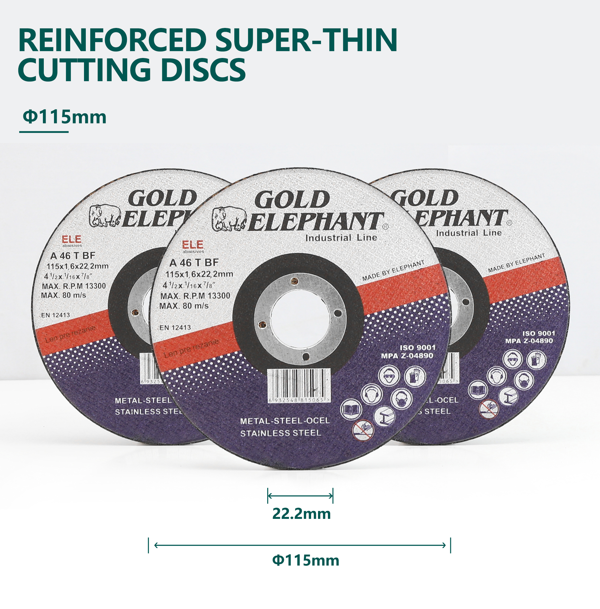 Reinforced super-thin cutting disc showing technical specifications
