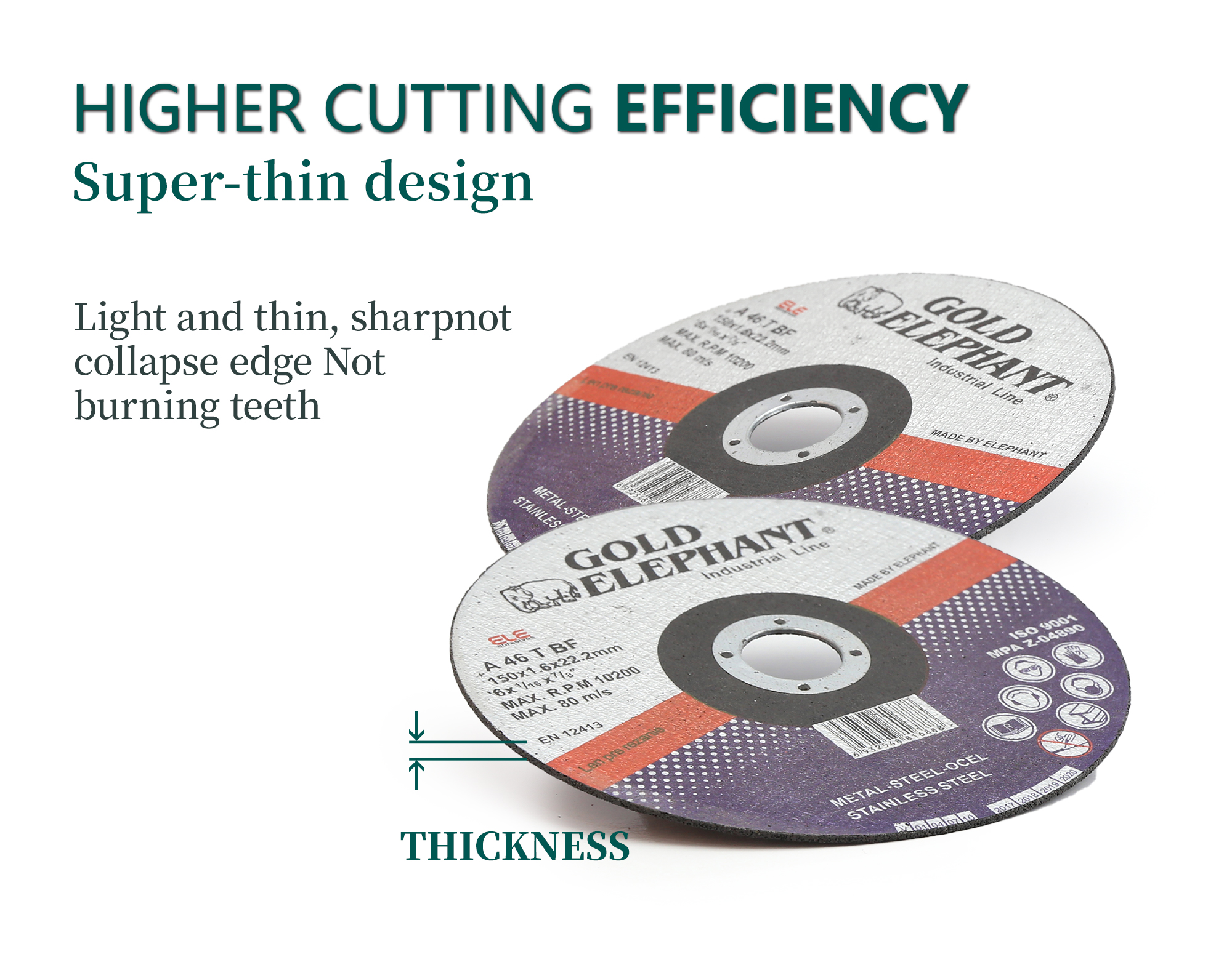Close up of cutting wheel showing super-thin design and efficiency benefits