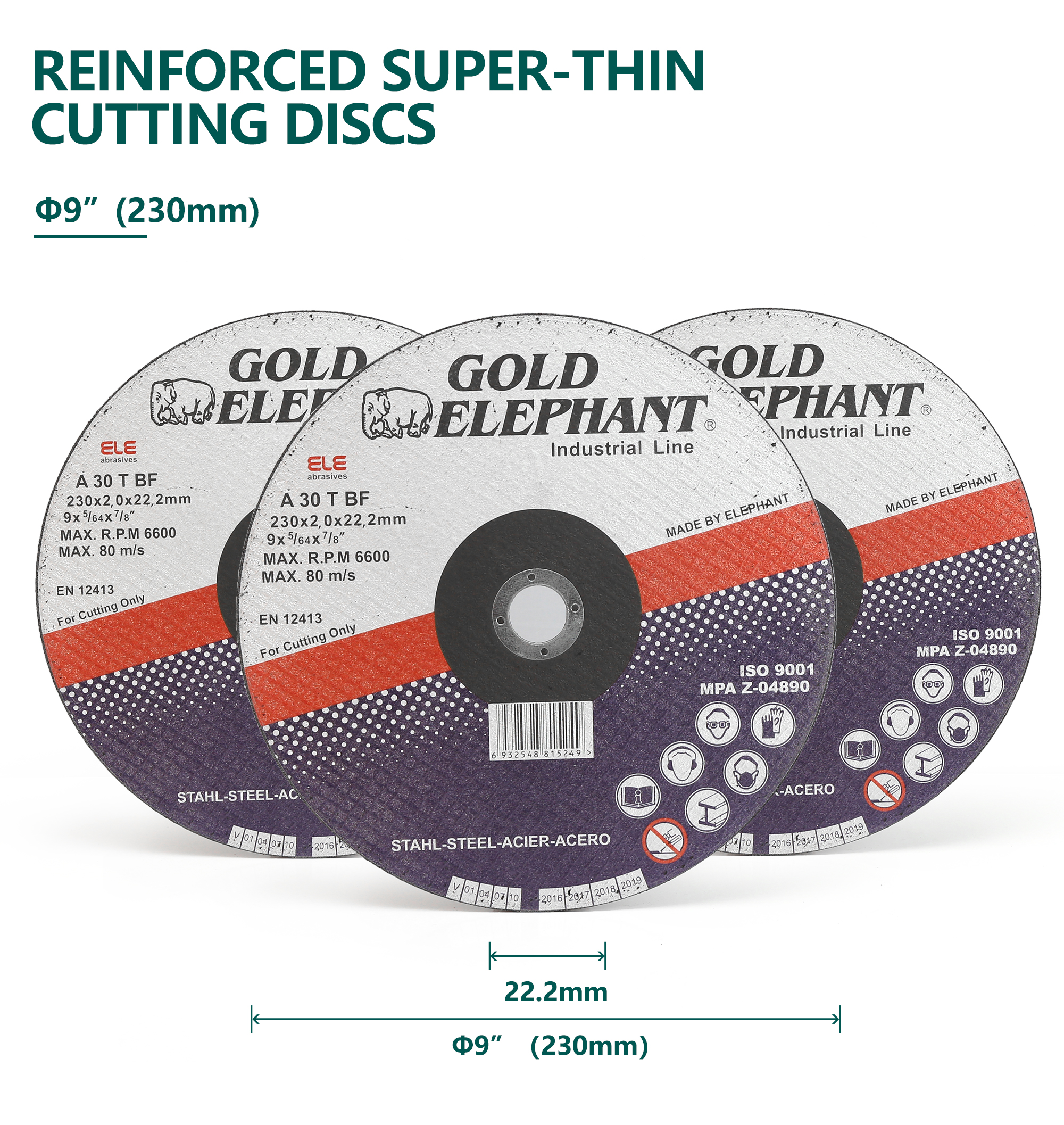 Reinforced 9-inch metal cutting disc showing technical specifications and safety markings.