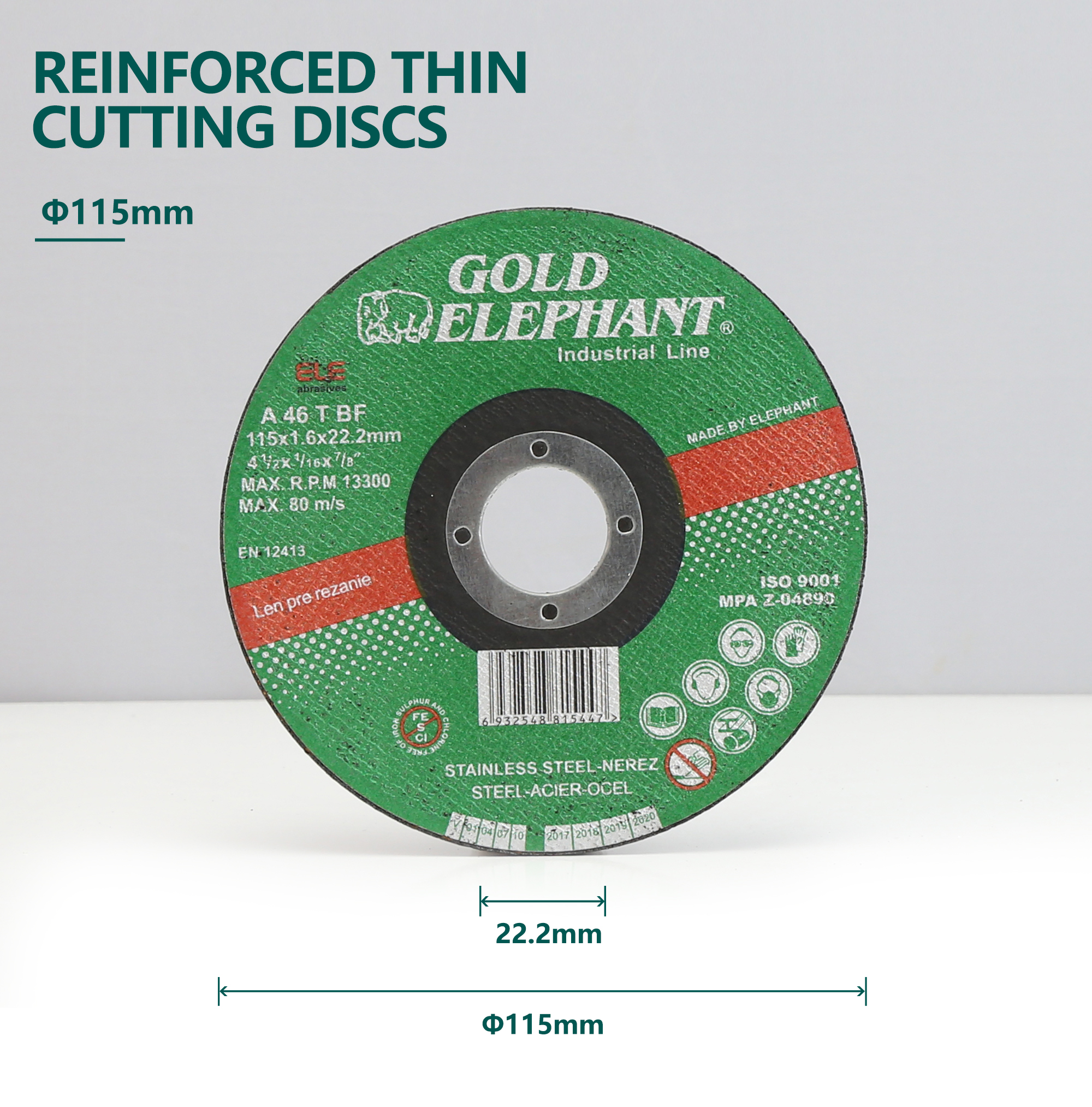 Reinforced thin cutting disc showing technical specifications