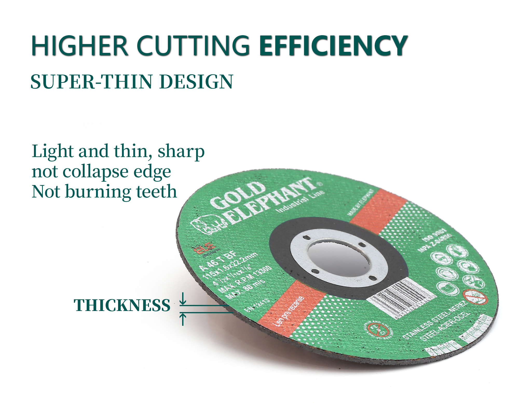 Close up of cutting wheel highlighting efficiency and thin design