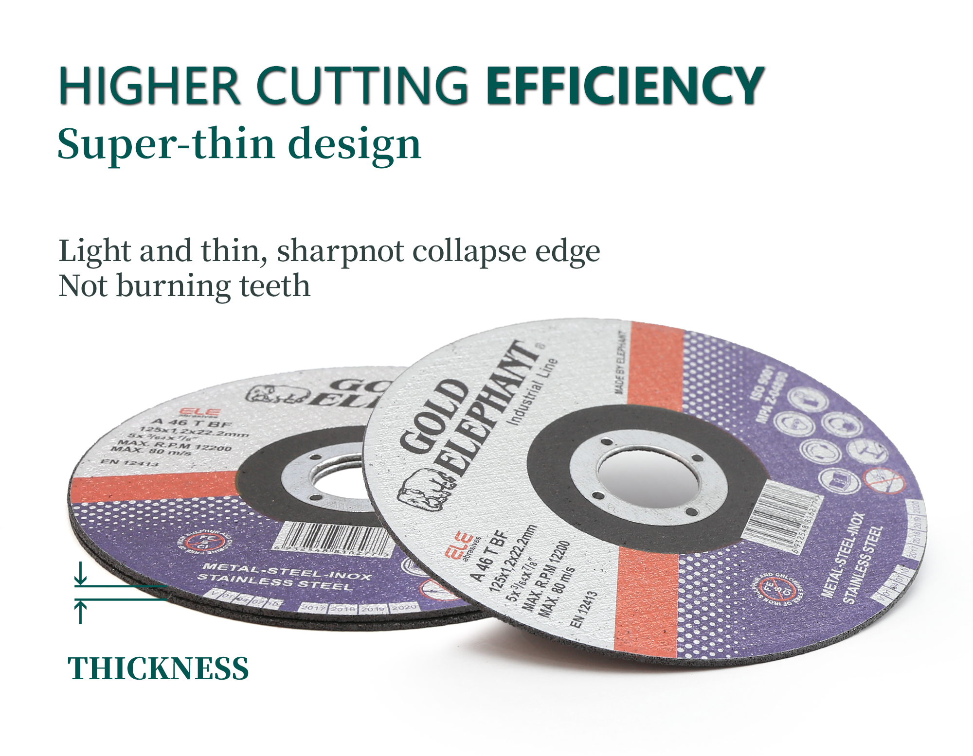 Close-up of cutting disc labeling highlighting efficiency and safety standards.