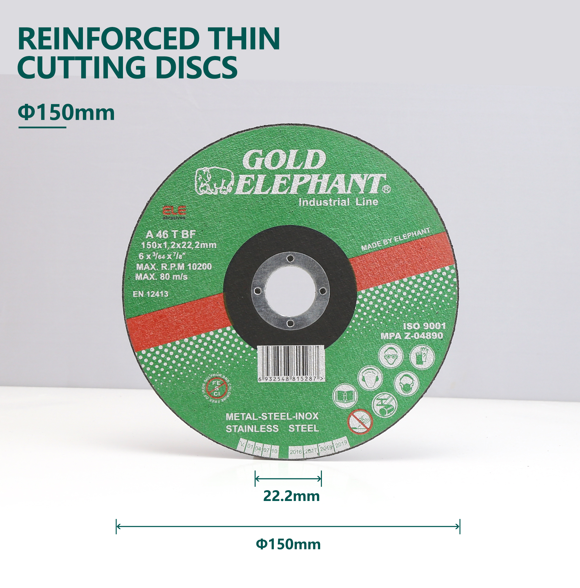 Technical diagram of the 150mm cutting disc dimensions