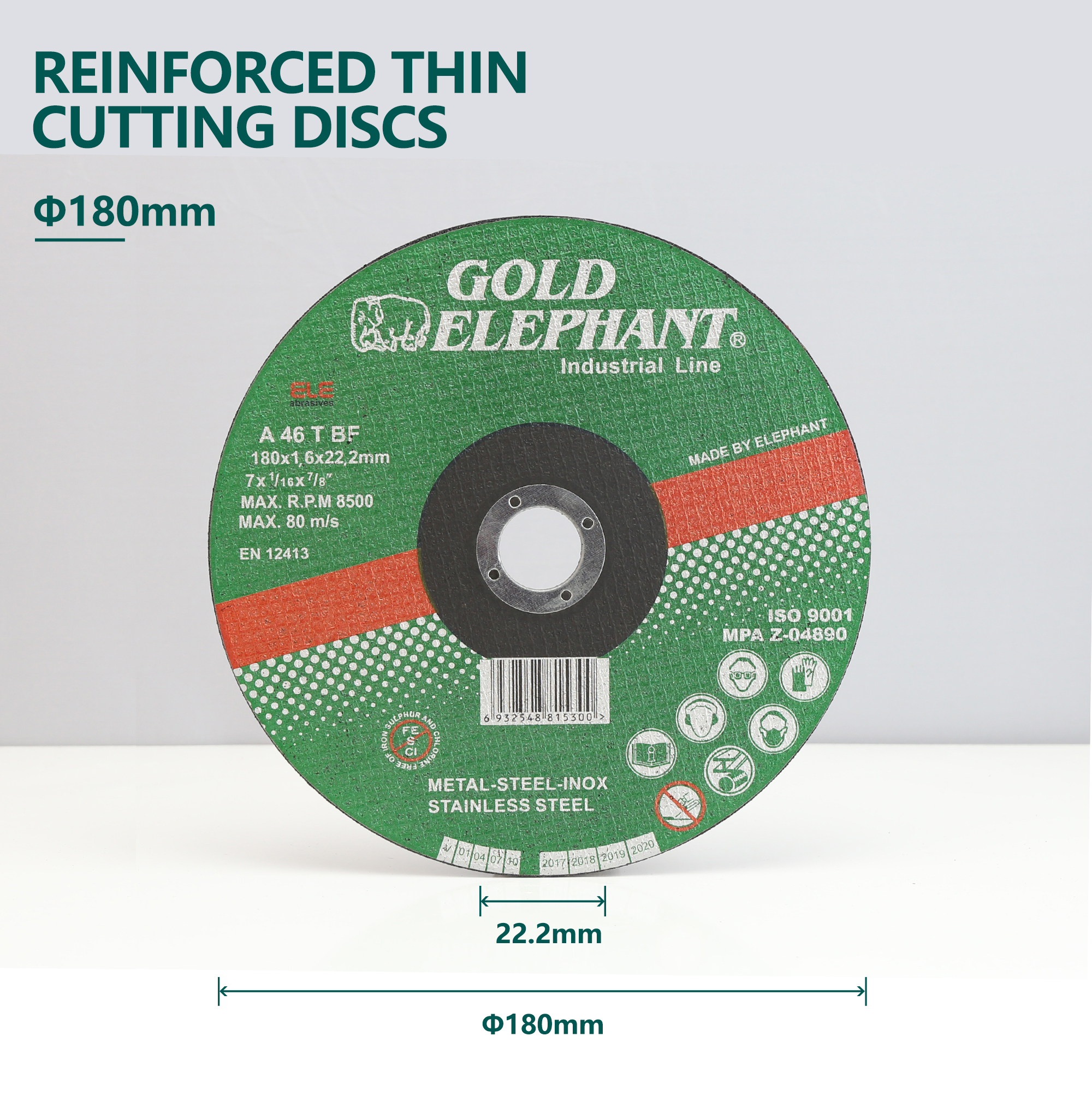 Reinforced thin cutting disc showing dimensions and safety certifications