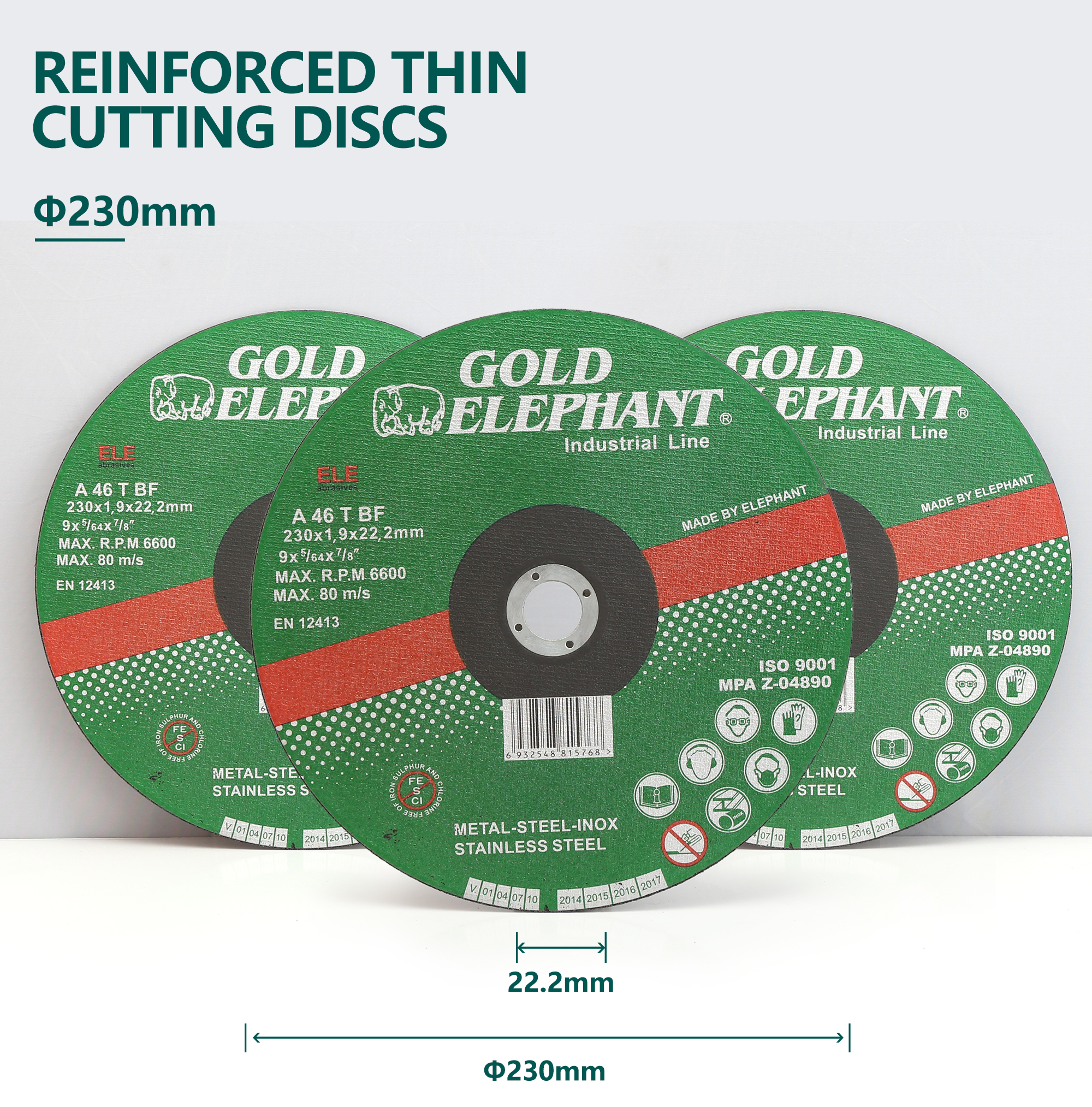 Reinforced thin cutting disc showing technical specifications