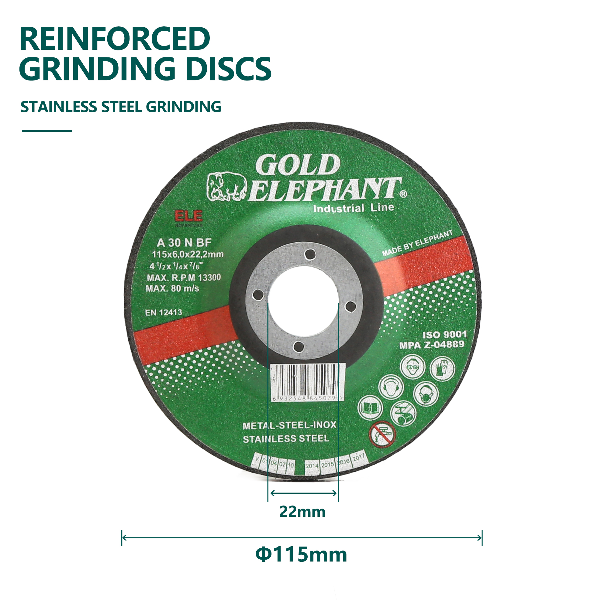 Reinforced grinding disc label showing technical specifications
