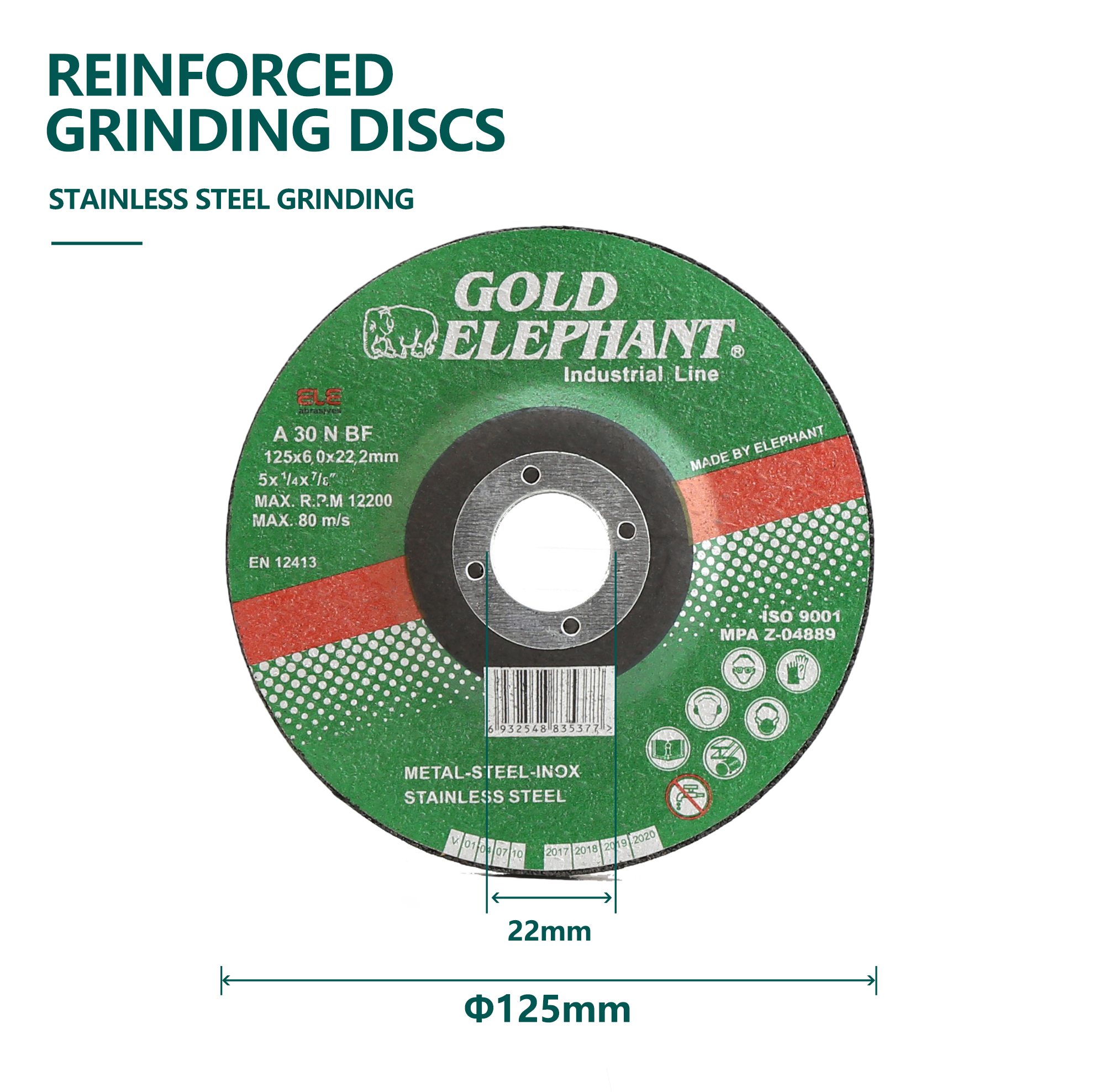 Reinforced grinding disc showing technical specifications and markings