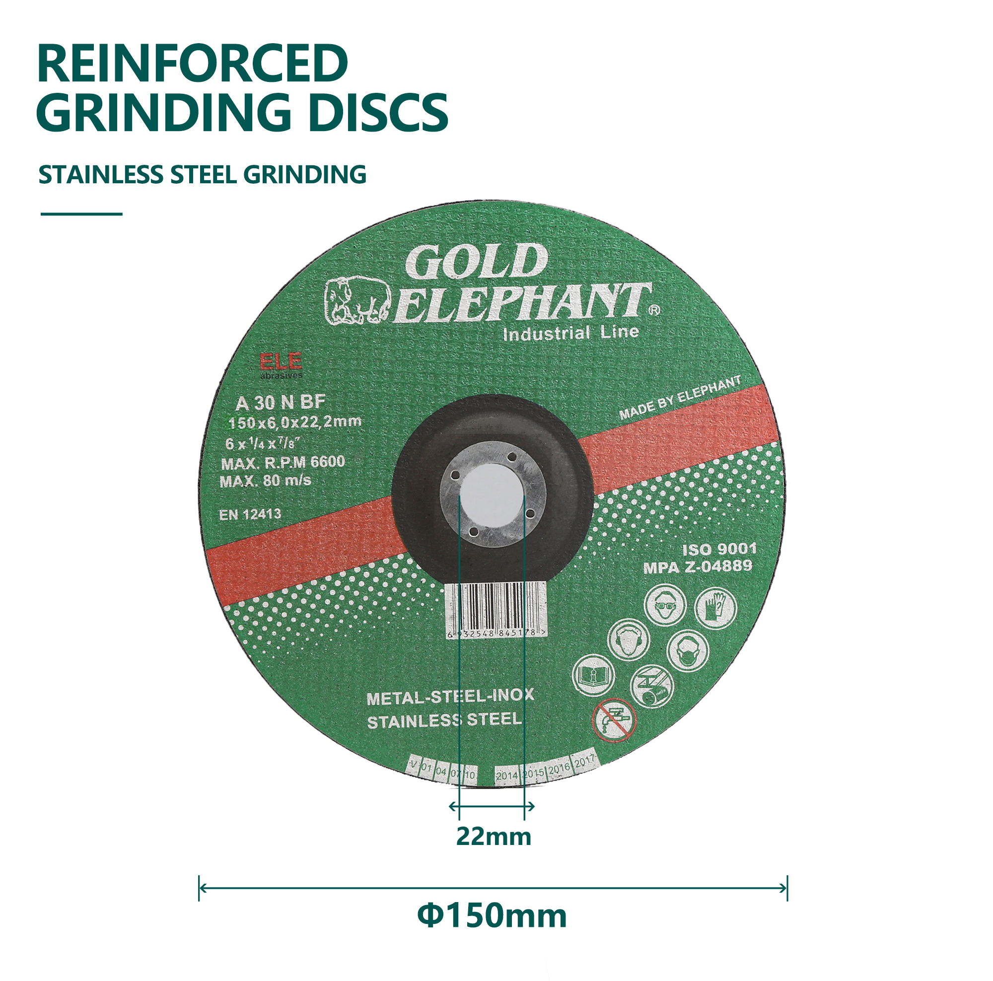 Reinforced grinding disc technical diagram showing dimensions and safety standards