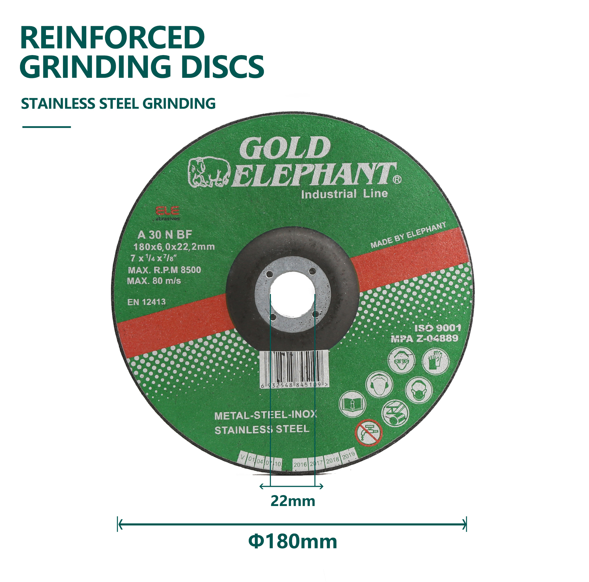 Reinforced grinding disc showing technical specifications and safety warnings