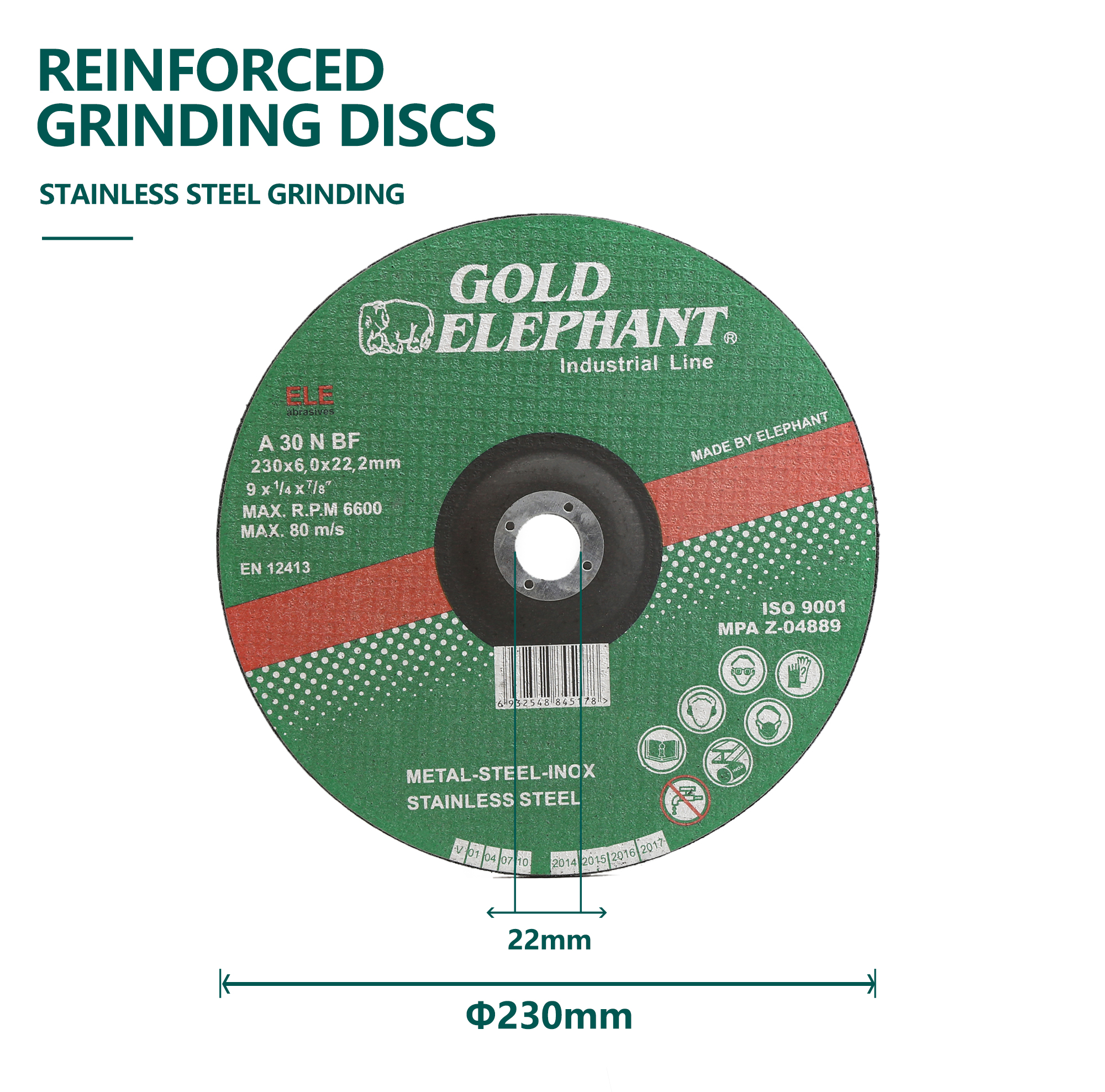 Reinforced stainless steel grinding disc showing technical dimensions and safety markings