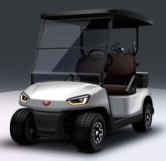Electric golf car showing front windshield, seating, and rugged exterior design