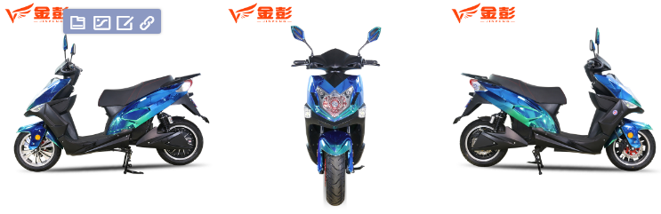 Side profile of the electric scooter showing blue and teal color scheme