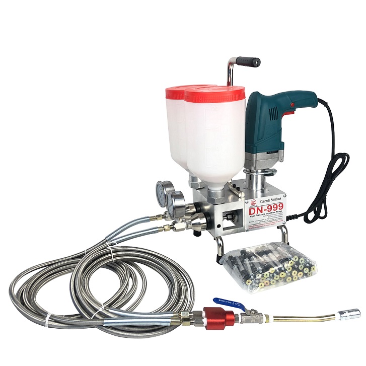 High pressure injection pump unit with dual reservoirs and pressure gauges