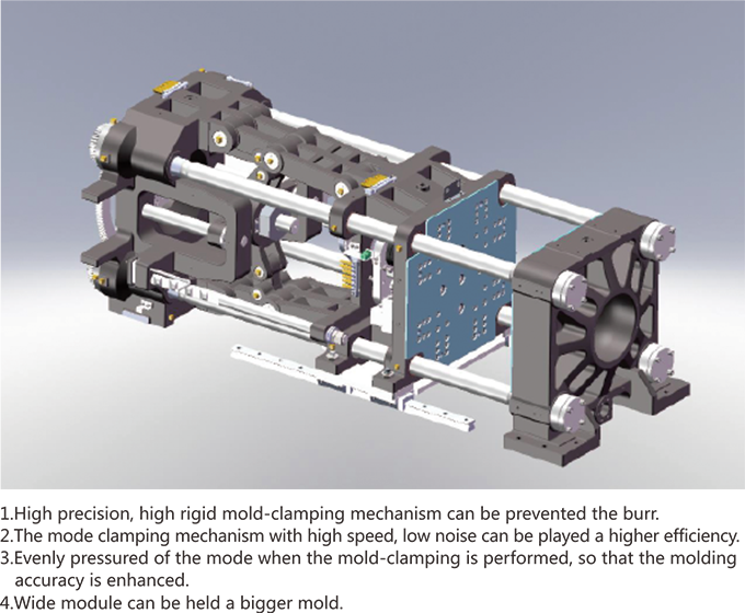 Side profile of the full electric injection molding machine showing robust frame and linear guides.