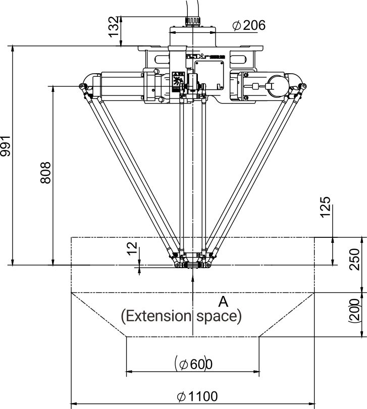 Dimensional drawing of the delta robot showing height, base diameter, and extension space requirements.