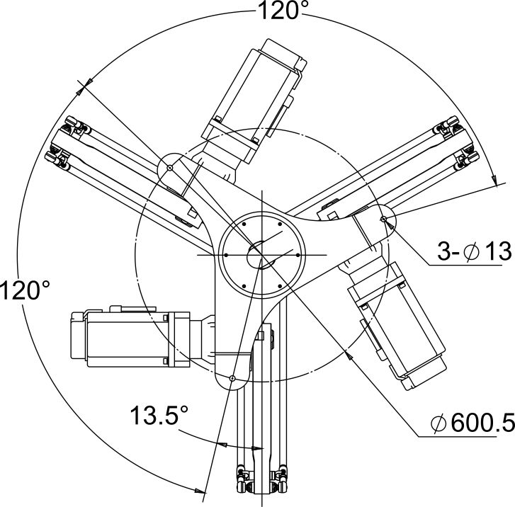 Engineering diagram of the three-arm rotary component showing angular spacing and mounting holes.