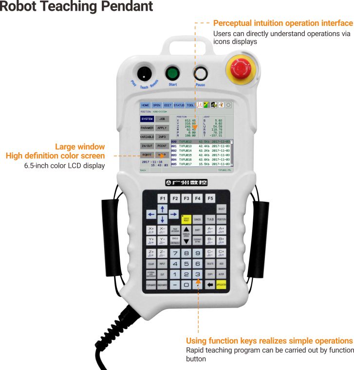 Close up of the industrial robot teaching pendant interface with color LCD screen