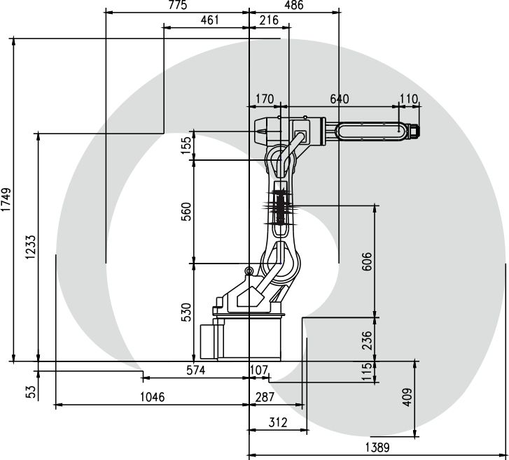 Technical dimension diagram of the industrial robot