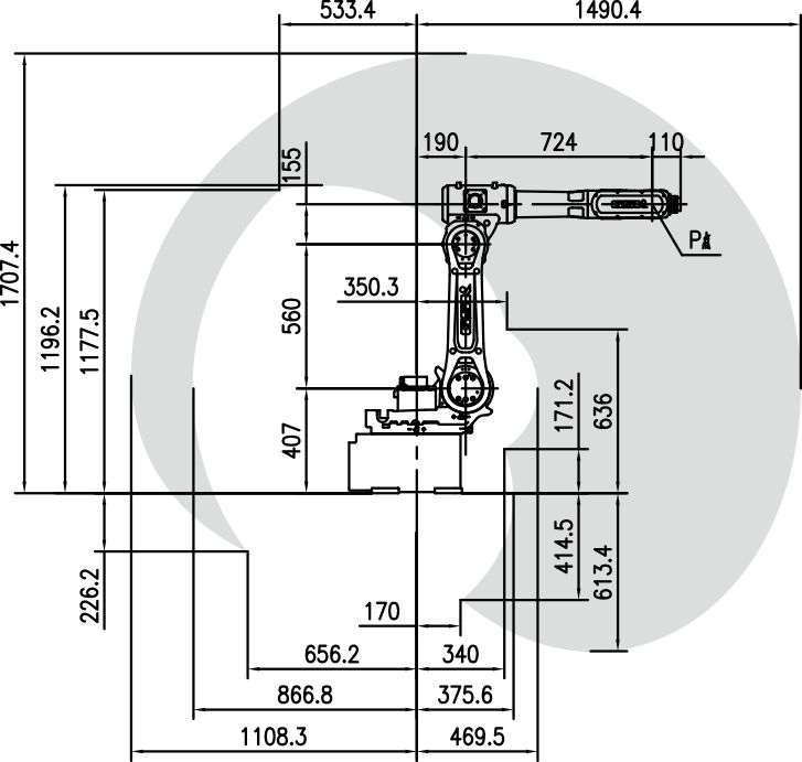 Technical drawing of robot dimensions and reach