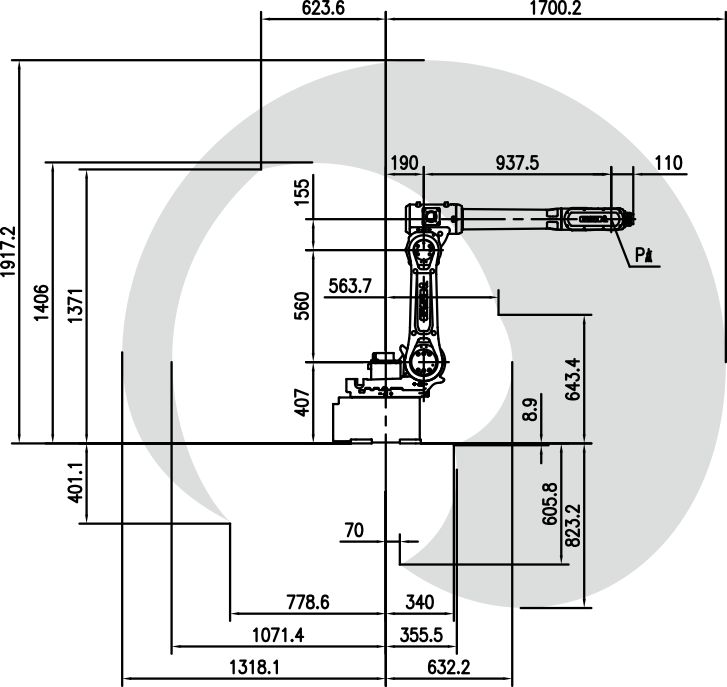 Detailed technical drawing of robot workspace
