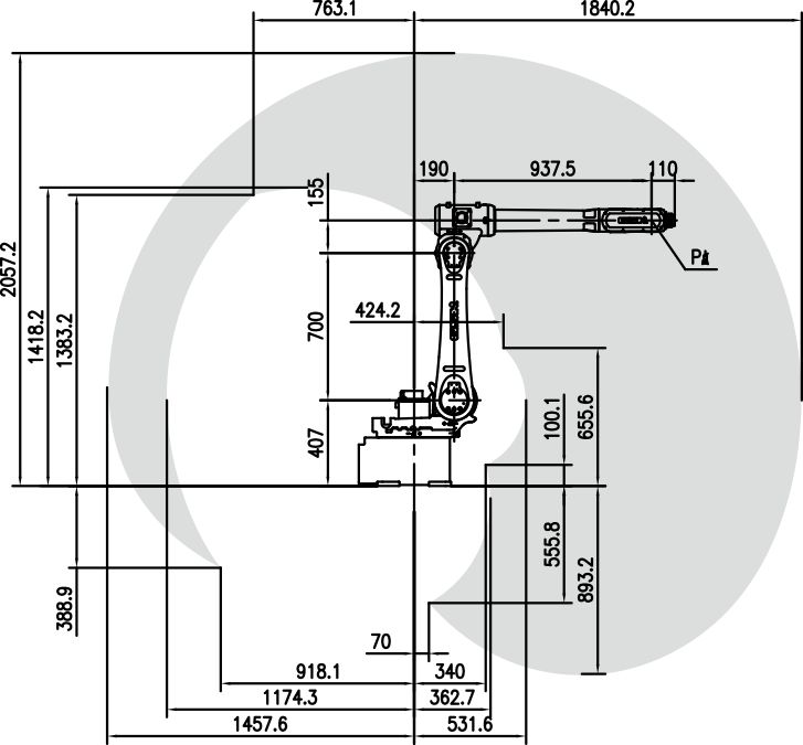Technical drawing of industrial robot dimensions
