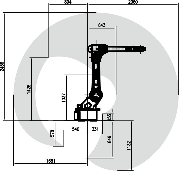 Technical drawing of the industrial robot arm showing reach and workspace dimensions