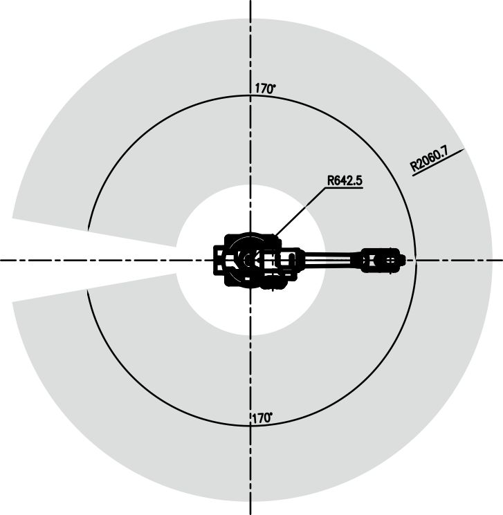 Robot arm motion range diagram showing 170 degree rotation and radius