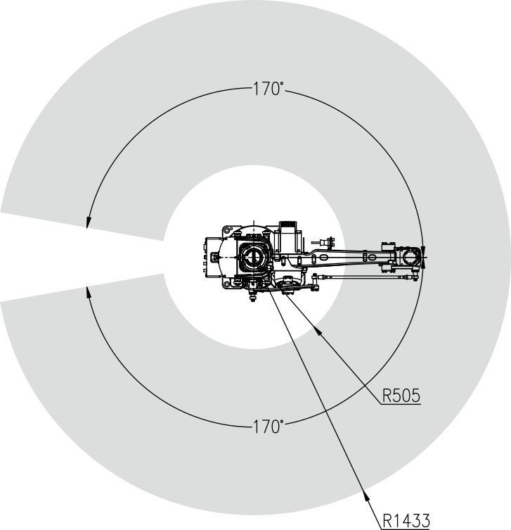 Top-down view diagram showing the robot's range of motion and reach