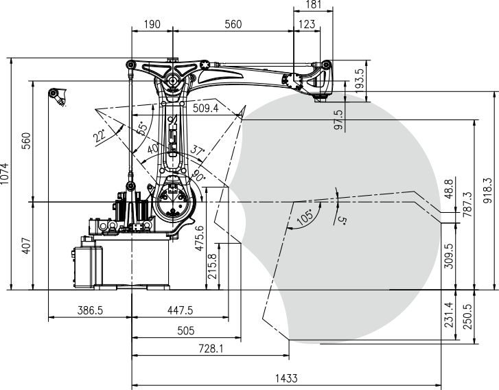 Technical diagram illustrating the dimensions and workspace envelope of the industrial robot