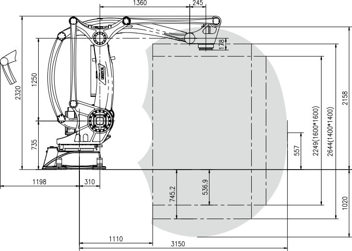 Dimensional drawing of the robotic arm showing height, base, and workspace measurements