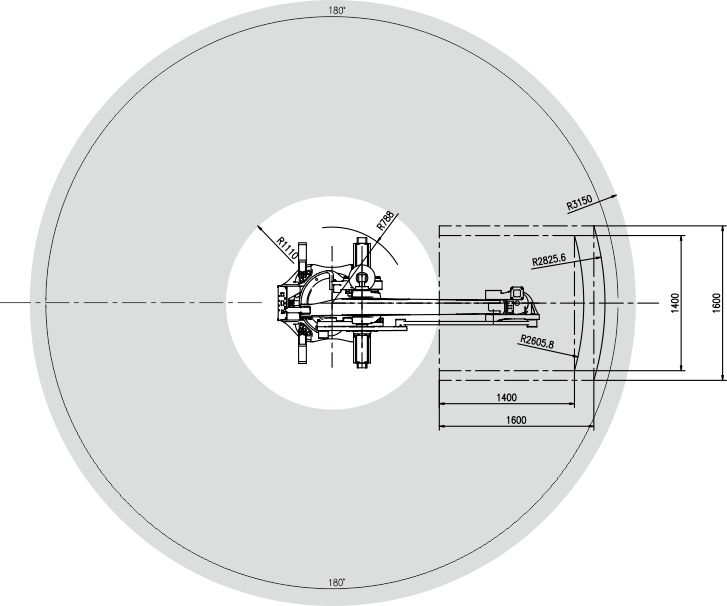 Diagram showing the industrial robot's work envelope and reach capabilities